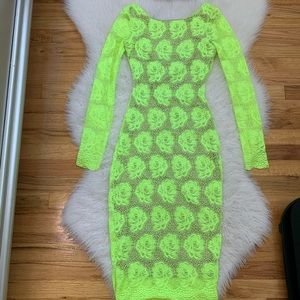 Neon yellow  floral lace nude illusion midi dress